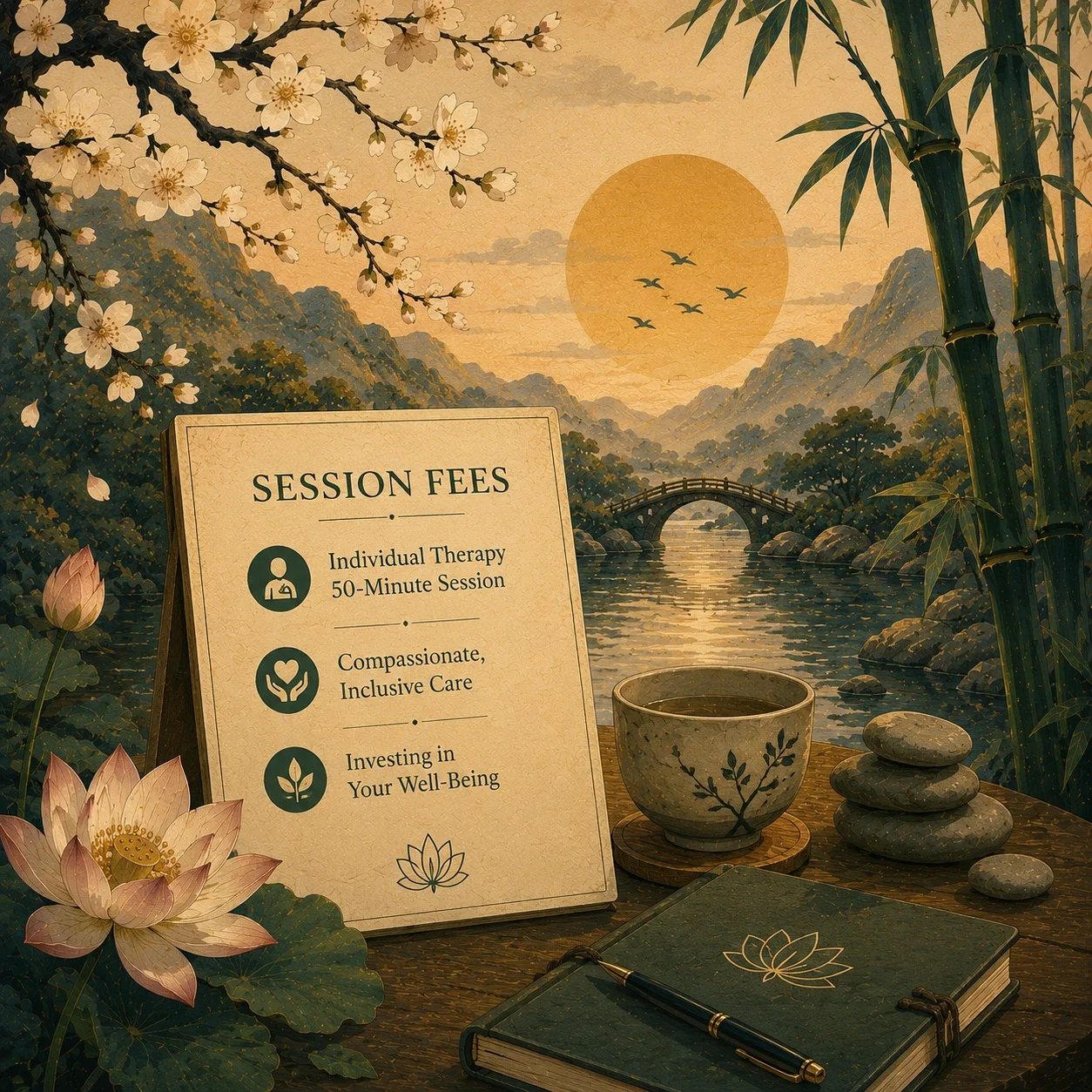 Nature art scene with a session-fees sign, tea cup, balanced stones, lotus flowers, bamboo, calm water, and mountains
