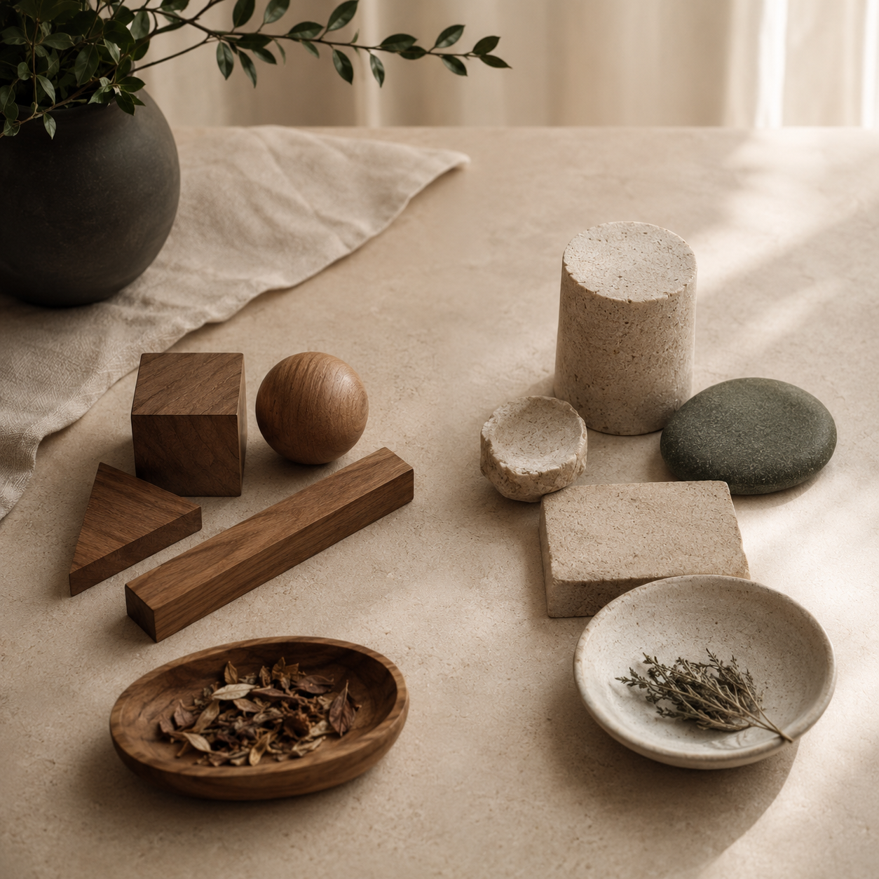 Two sets of natural materials arranged side by side for comparison
