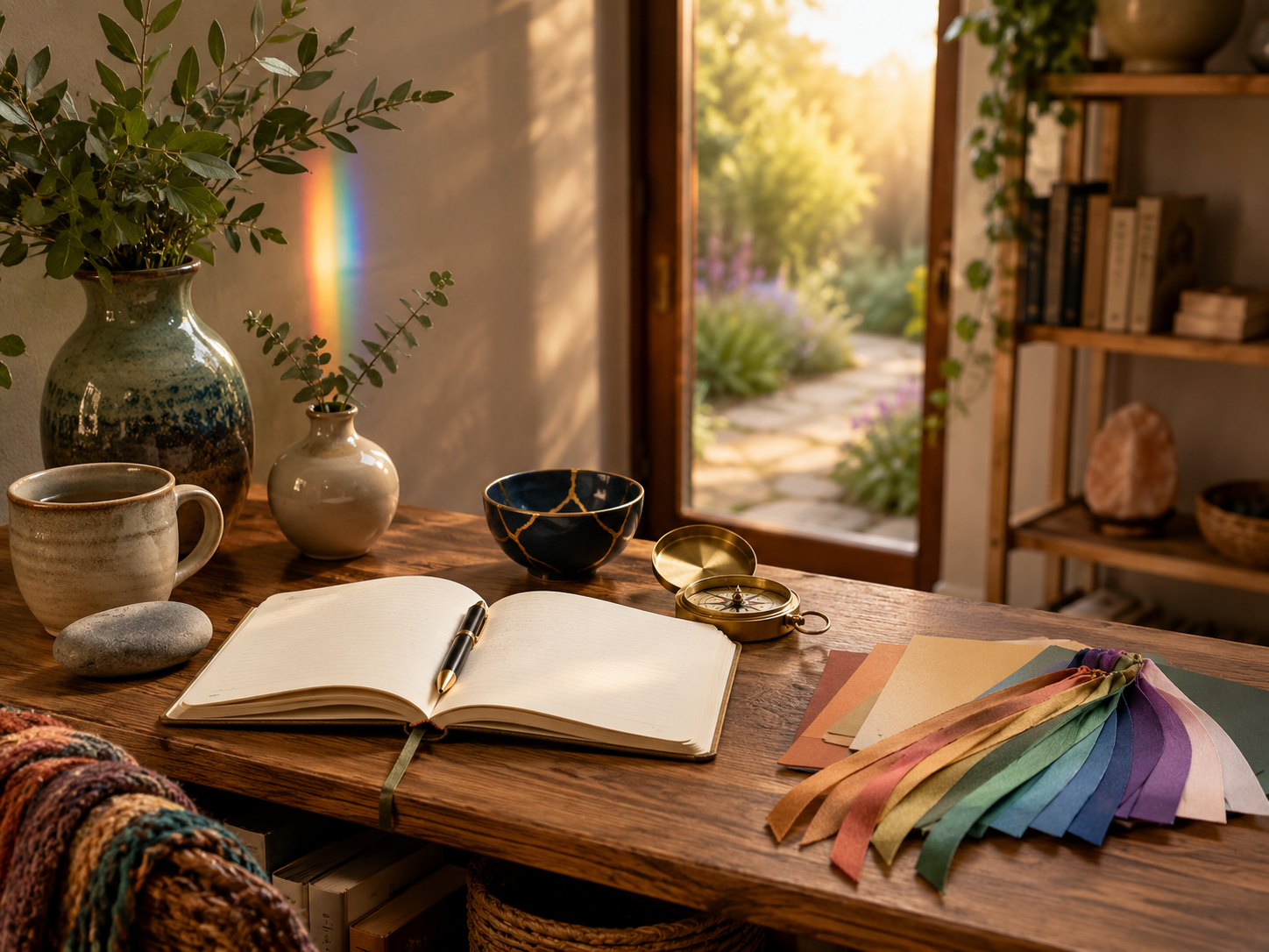 Warm AAC-style still life with an open journal, pen, ceramic mug, grounding stone, kintsugi bowl, brass compass, greenery, rainbow reflection, multicolored ribbons, books, and a sunlit garden path.