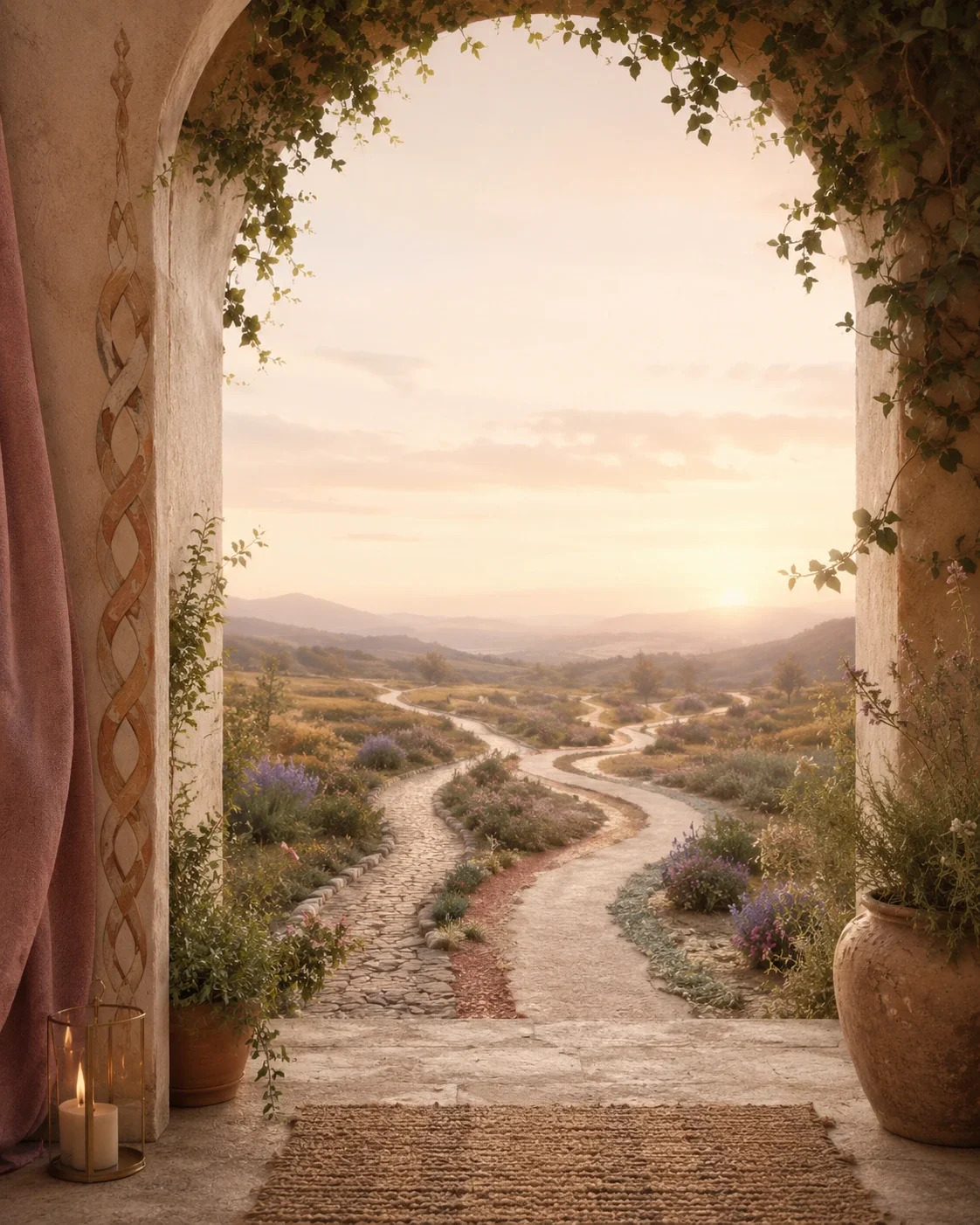 Gentle arched doorway opening onto several softly winding paths through a garden landscape, symbolizing polyamory and emotionally safe relationship support.