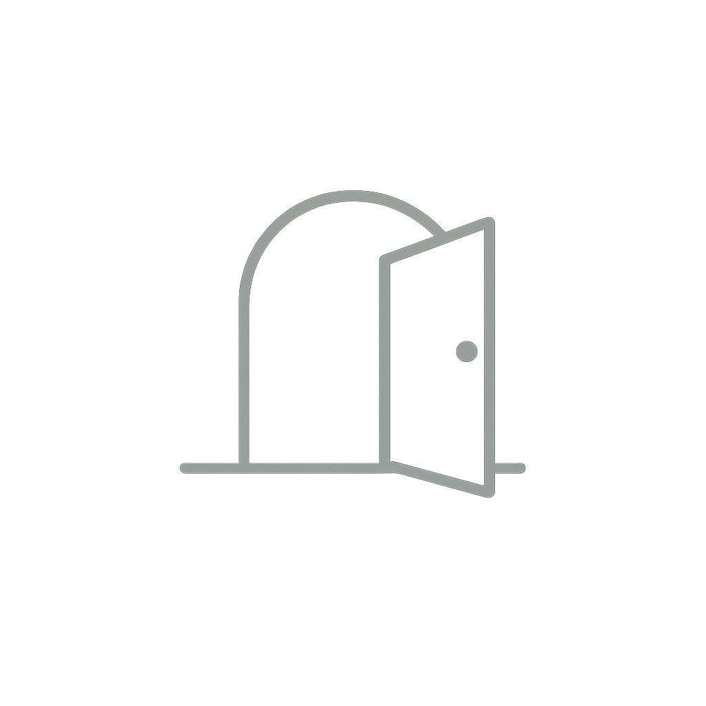 Minimal forest sage monoline open doorway icon with rounded arch, symbolizing welcome, safety, possibility, and the courage to begin on transparent background.