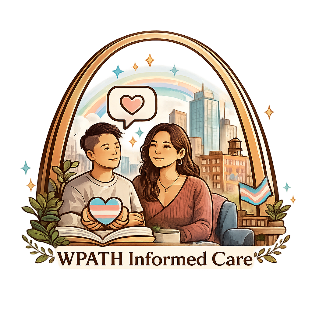 An affirming WPATH-informed care icon with two people, a city skyline, an arch, and trans pride colors.