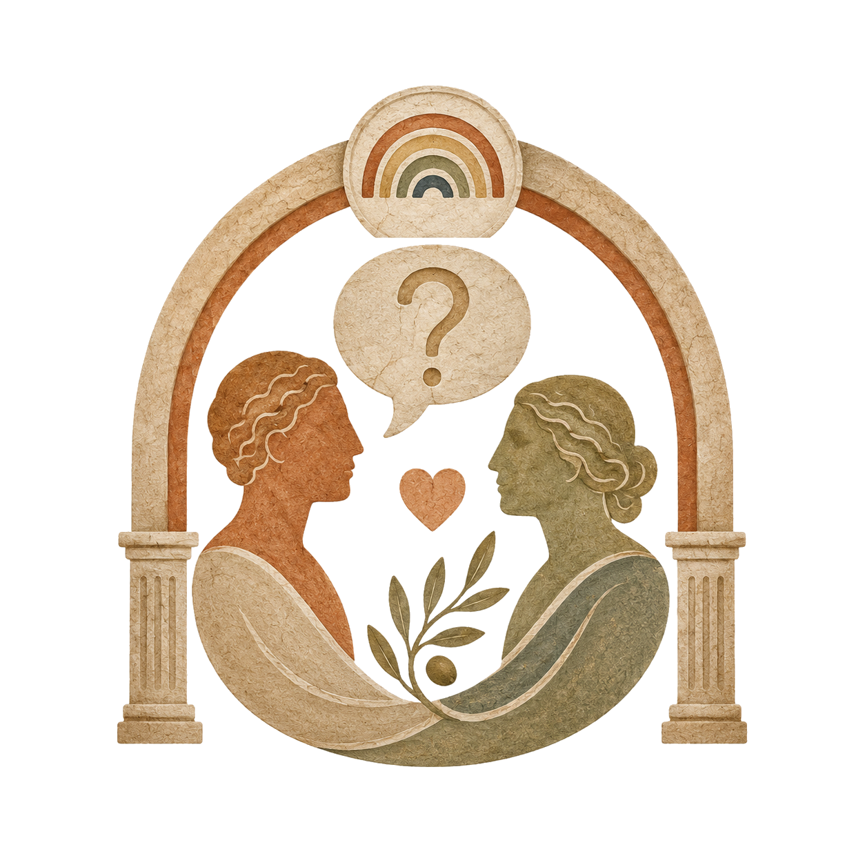 Ancient-art-inspired icon with two figures, an arch, a question symbol, and warm reassuring communication imagery.