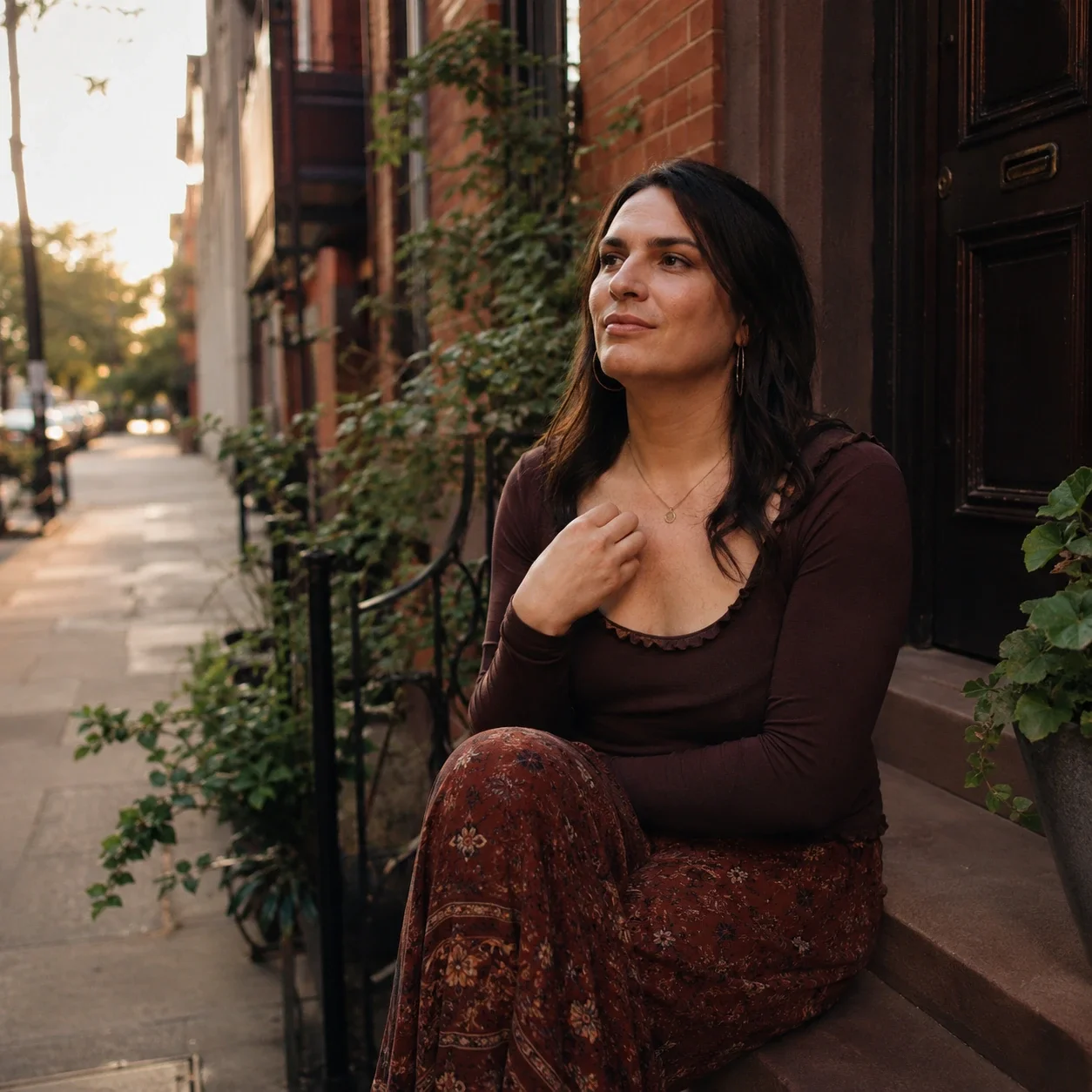 A woman sits on a brownstone stoop in warm city light, resting one hand near her chest with a thoughtful, hopeful expression.