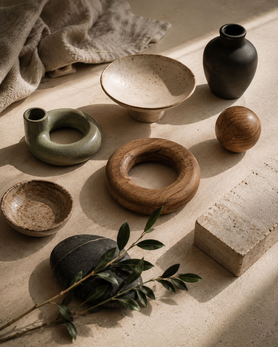 A warm still life of distinct ceramic, wood, stone, and natural forms arranged with varied spacing and orientation, suggesting individuality, connection, autonomy, and intentional boundaries.