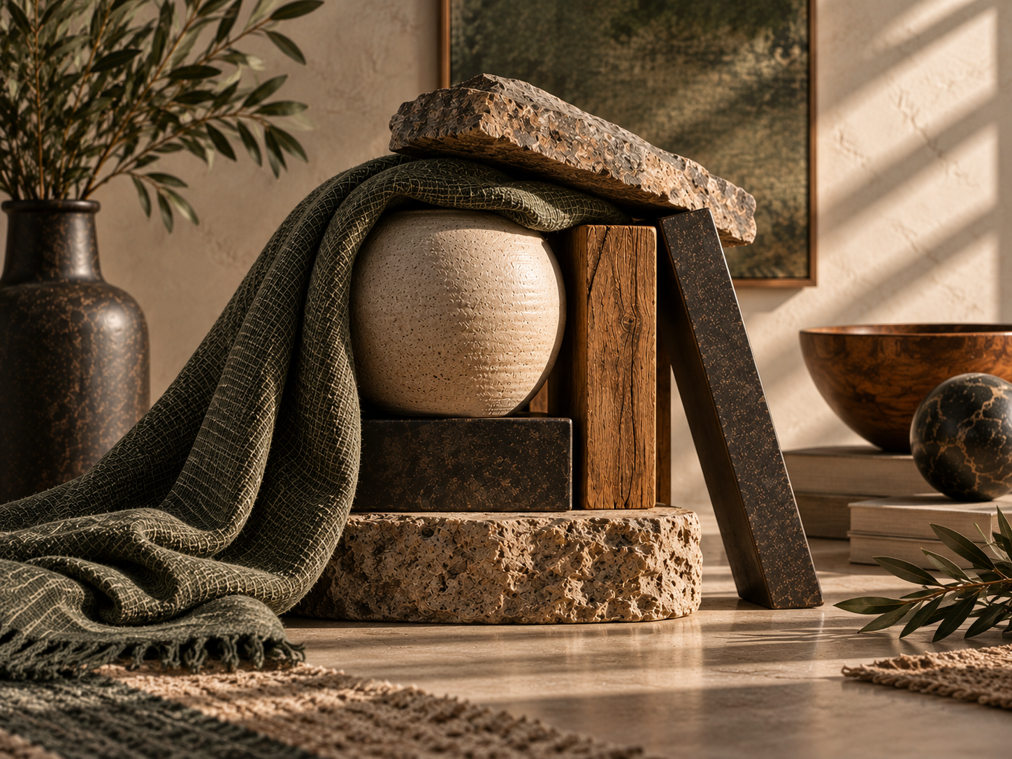Wood, ceramic, stone, dark metal, and sage textile brace and support one another in warm daylight, suggesting protective adaptation, vigilance, effort, resilience, and flexibility.