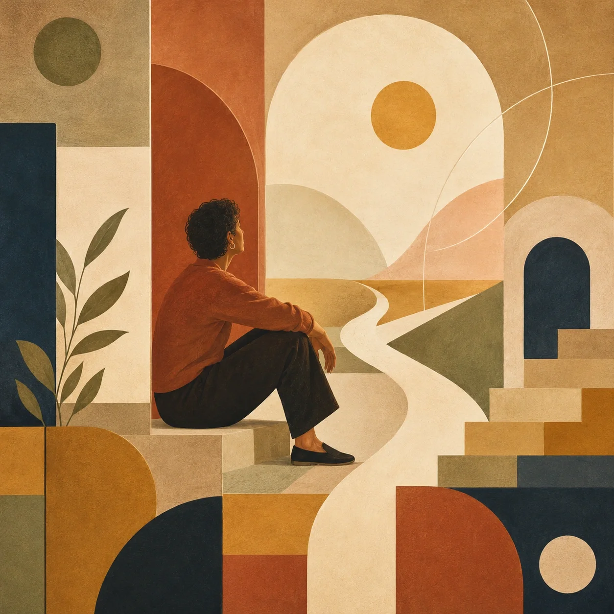 Bauhaus-style illustration of an adult seated near an open path, suggesting reflection, spaciousness, and room for choice.