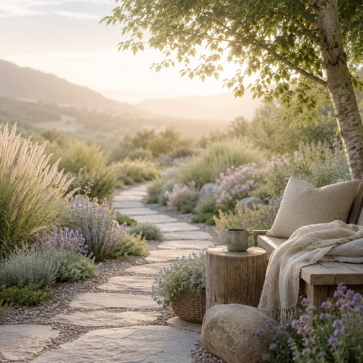 Gentle garden path with soft morning light, lavender, a wooden bench, and a warm blanket symbolizing calm support for anxiety treatment.
