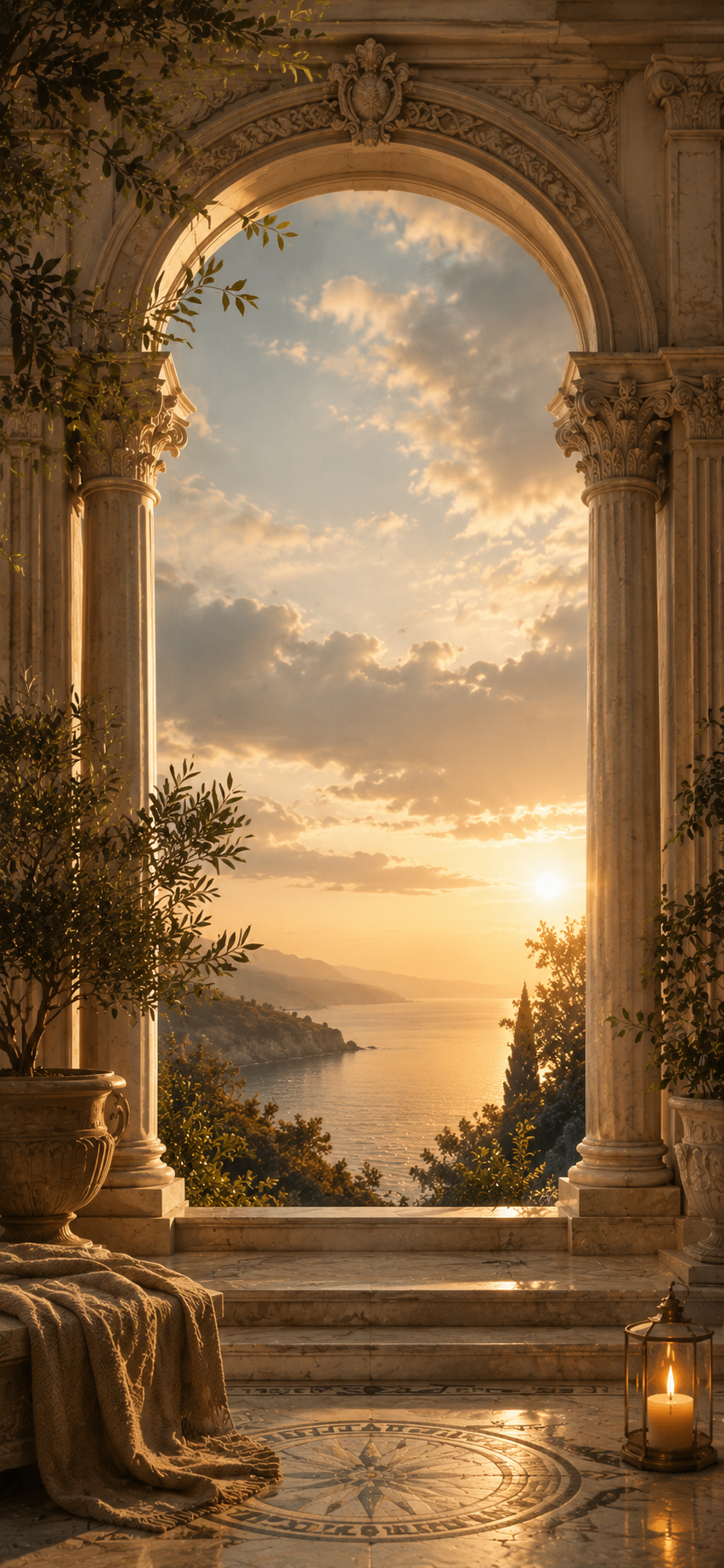 Classical stone archway overlooking a calm golden coastline with plants, marble steps, and candlelight.