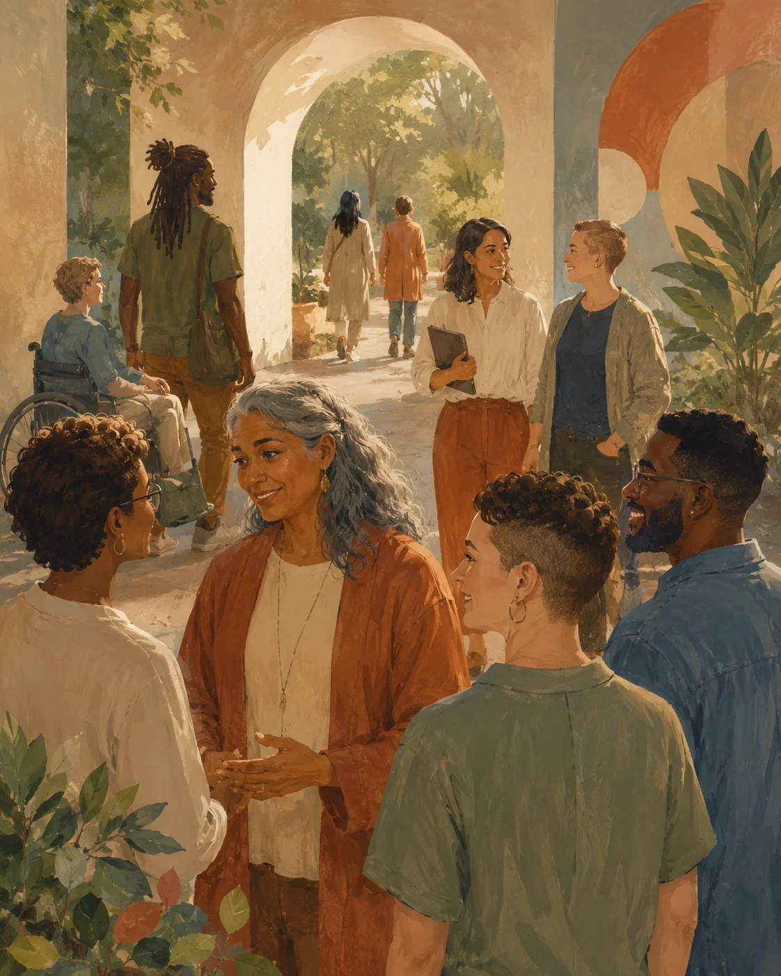 Diverse adults gather in a warm courtyard, suggesting community partnership, referral connections, and welcoming support.