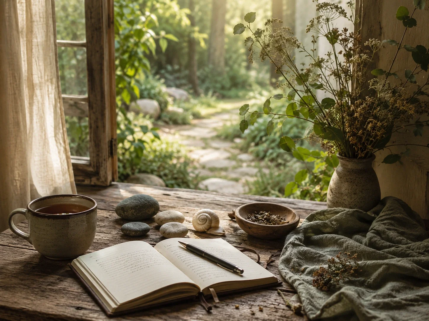Nature-inspired anxiety specialty page image with a tea mug, open journal, grounding stones, spiral shell, dried botanicals, and a soft forest path beyond an open rustic window.