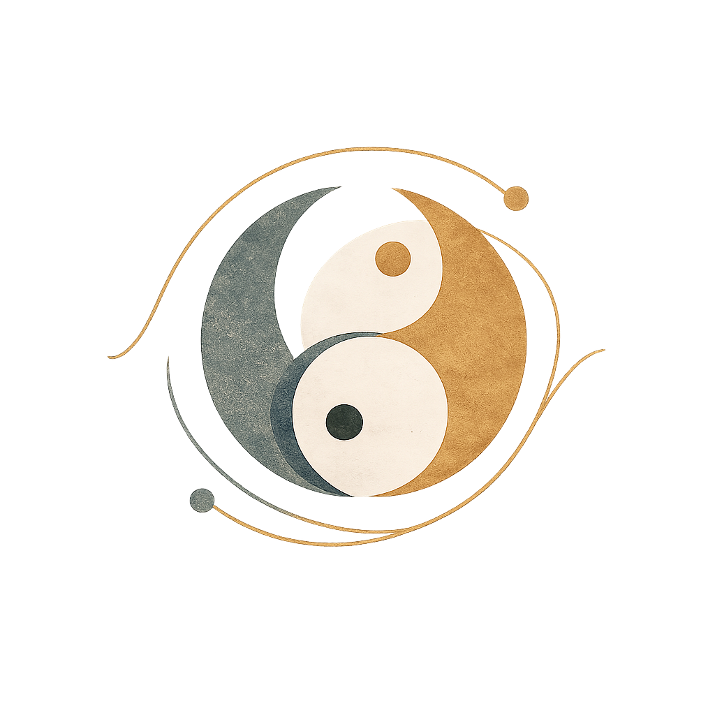 Avant-garde transparent icon for dialectical behavior therapy, featuring a balanced yin-yang-inspired symbol with muted blue-gray and warm golden forms, representing emotional balance, acceptance, and change.