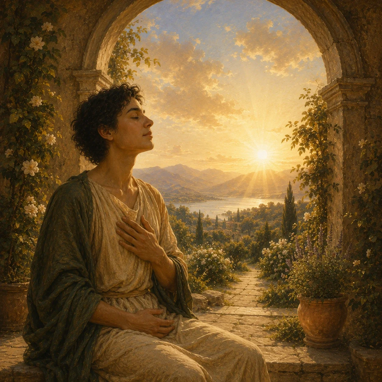 A calm figure sits beneath a sunlit stone archway with one hand on their chest and one on their abdomen, facing a peaceful garden path.