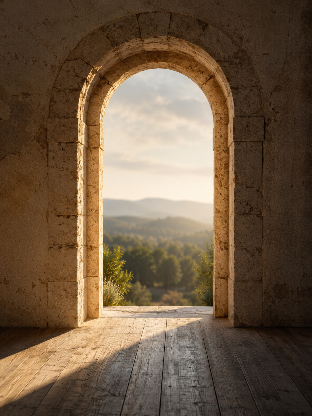 Weathered stone archway bathed in warm morning light, opening to a soft-focus landscape of rolling hills. Sunlight stretches across a wooden floor, creating a peaceful, grounded atmosphere.