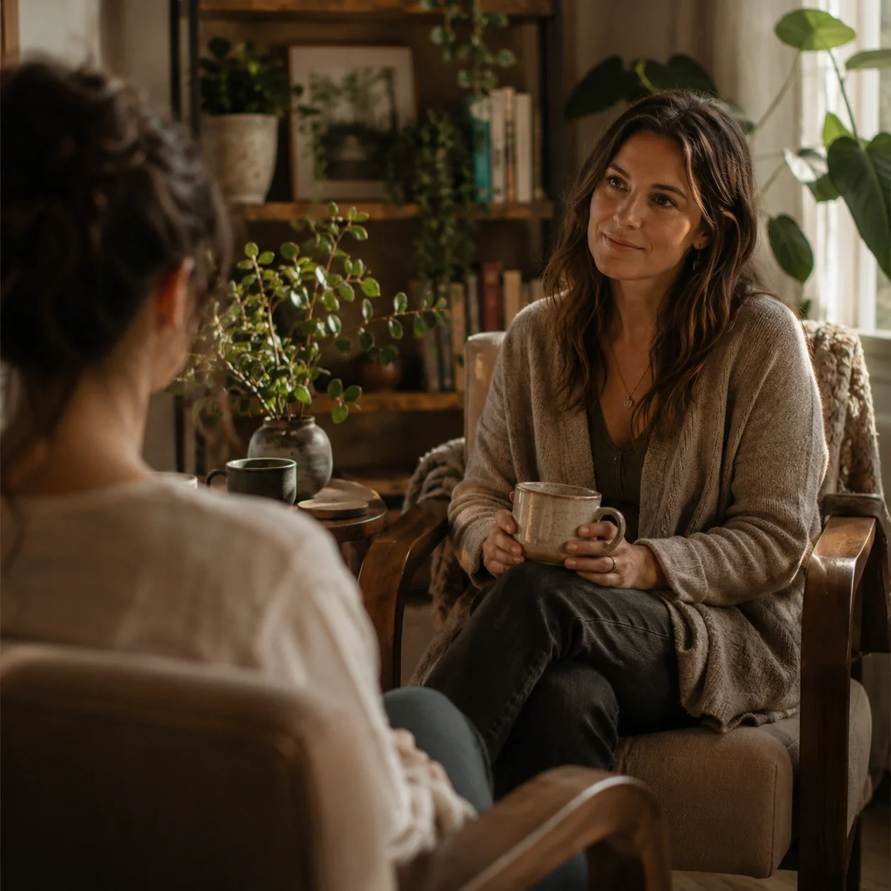 Two people seated in a warm, plant-filled room during a calm conversation.