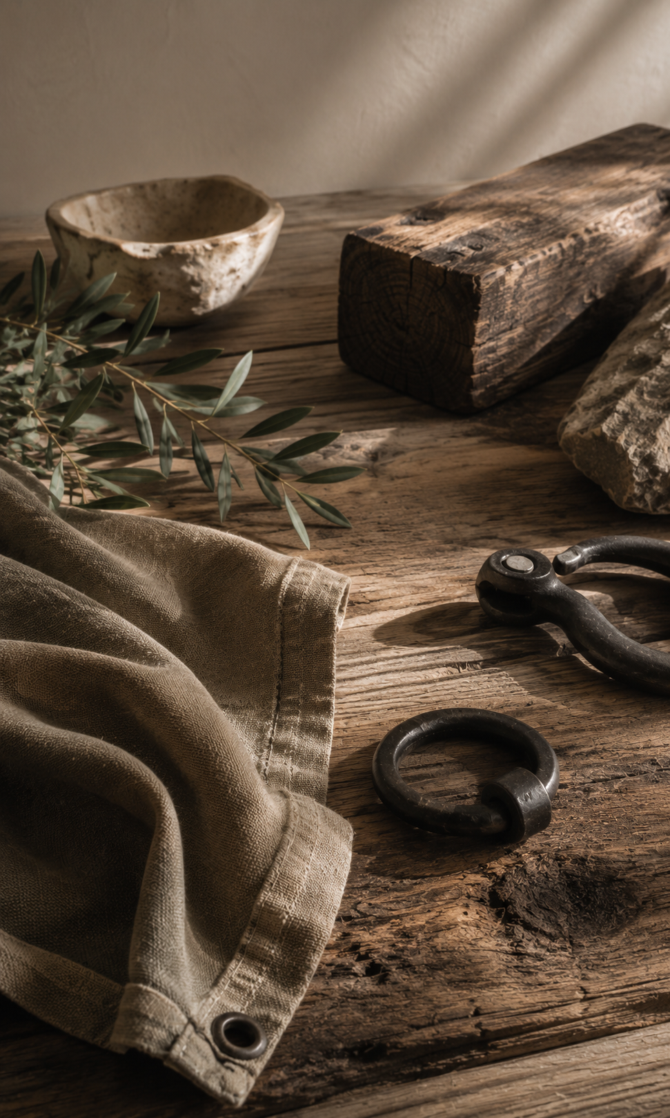 Weathered hardwood, forged metal, stone, canvas, and sage foliage rest in soft natural light, their worn surfaces suggesting endurance, history, competence, and the gradual release of constant readiness.