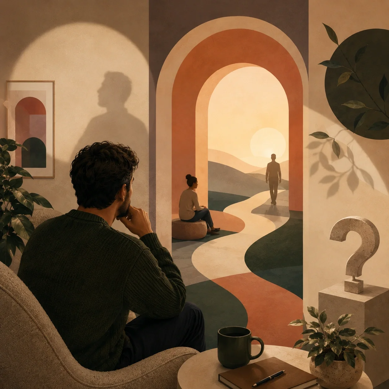 Postmodern therapy-inspired scene with a thoughtful person, open pathway, warm archways, and an inquisitive pause before beginning care.