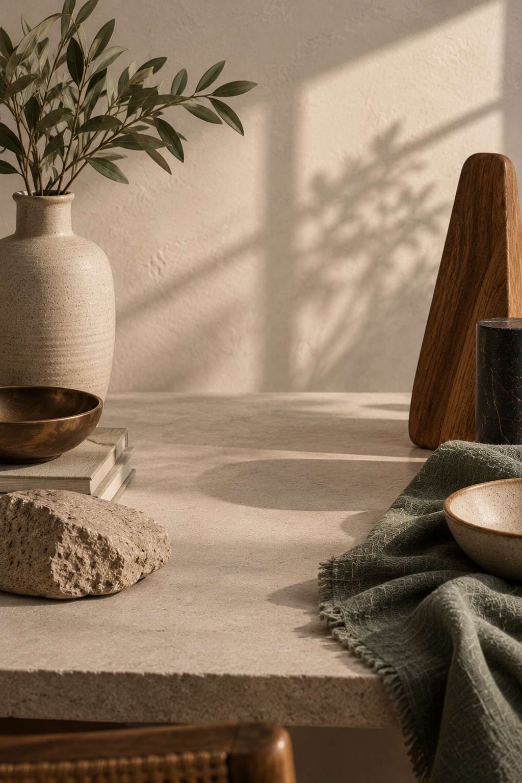 Ceramic, wood, stone, bronze, and sage textile surround an intentional open space in warm natural light, suggesting grief, memory, absence, and the changed shape of ordinary life.