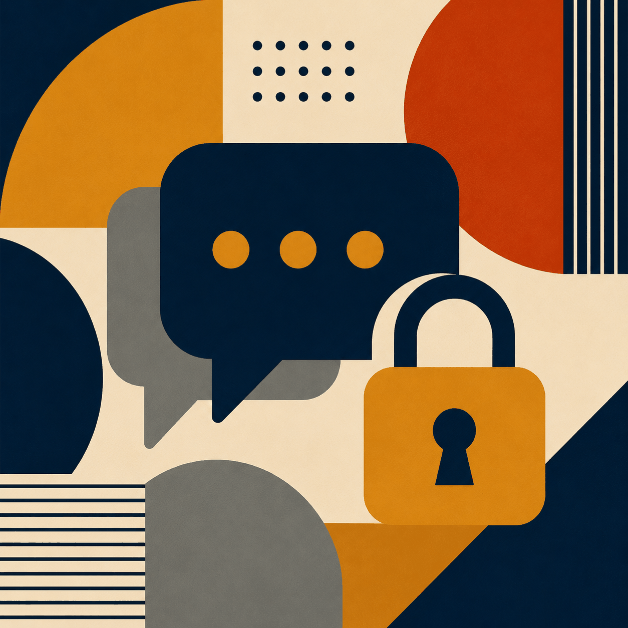 Bauhaus-style square image with speech bubbles and a lock.