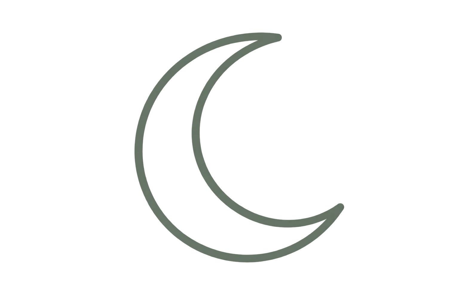 Minimal monoline crescent moon in muted Forest Sage with soft organic curves, symbolizing reflection, rest, inner wisdom, renewal, and gentle becoming.