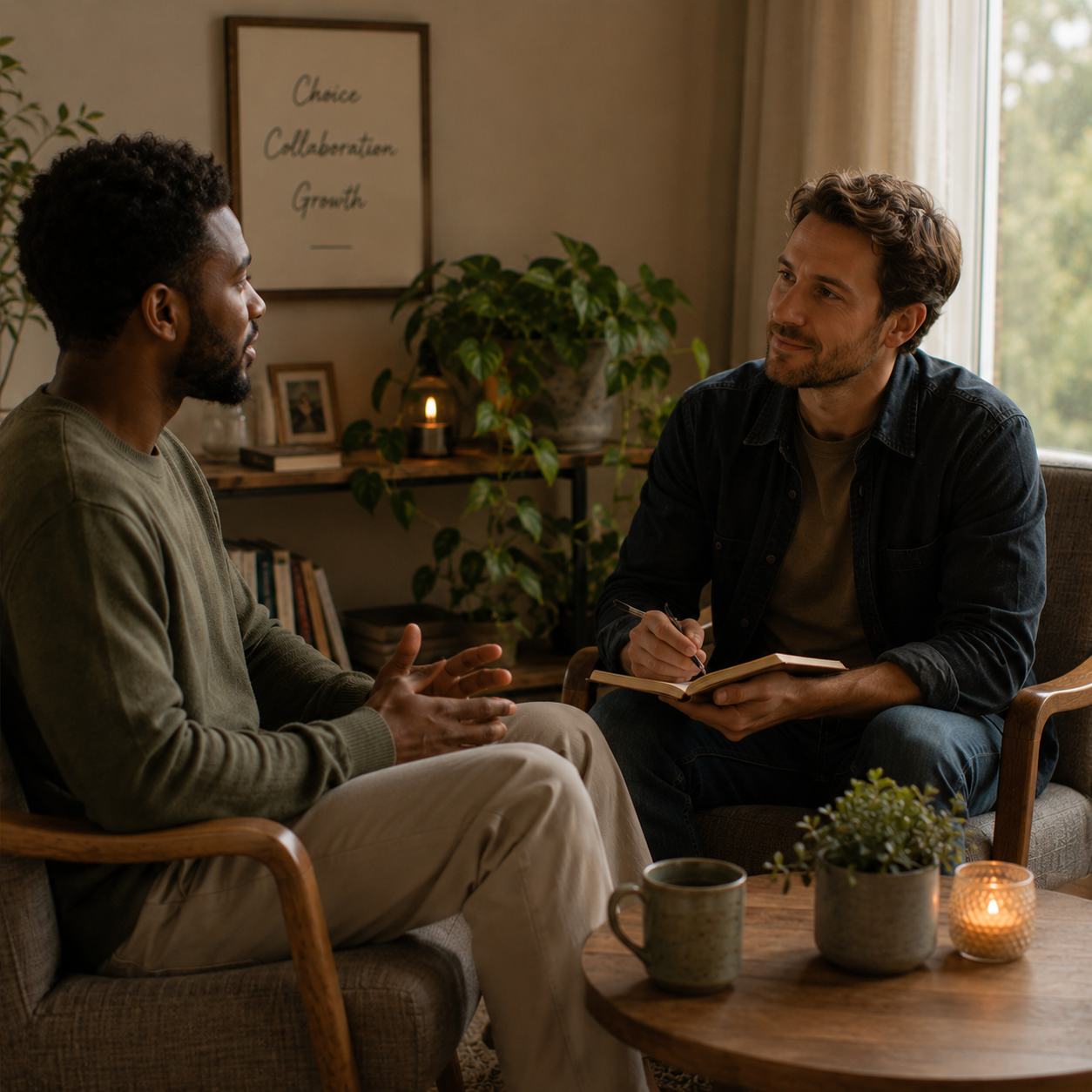 Two men seated in a warm, plant-filled room engaged in a thoughtful and collaborative conversation.