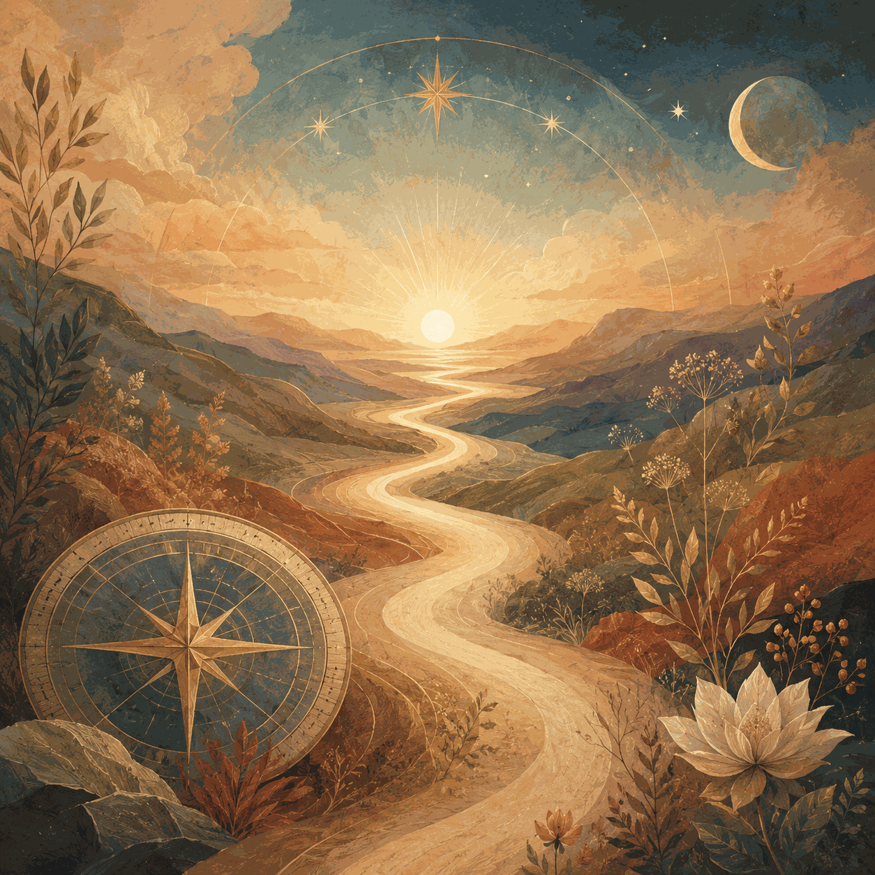 A surreal landscape with a glowing winding road, compass, celestial sky, and distant horizon, symbolizing values, direction, purpose, and movement toward what matters.