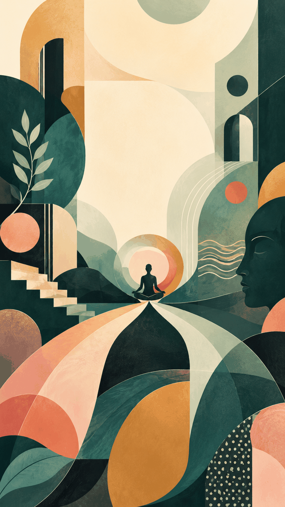 Avant-garde vertical illustration with abstract shapes, arches, a meditating figure, flowing lines, and balanced forms, symbolizing dialectical behavior therapy, emotional regulation, mindfulness, and finding steadiness between opposing experiences.