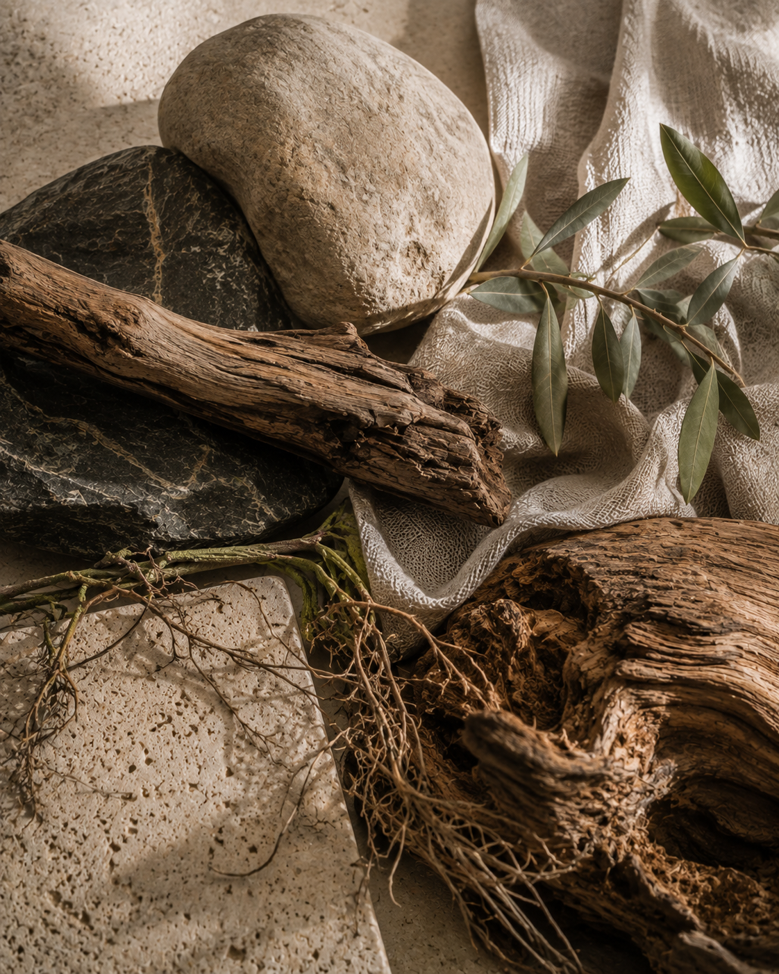 Wood, stone, natural fibers and roots meeting within one interconnected composition