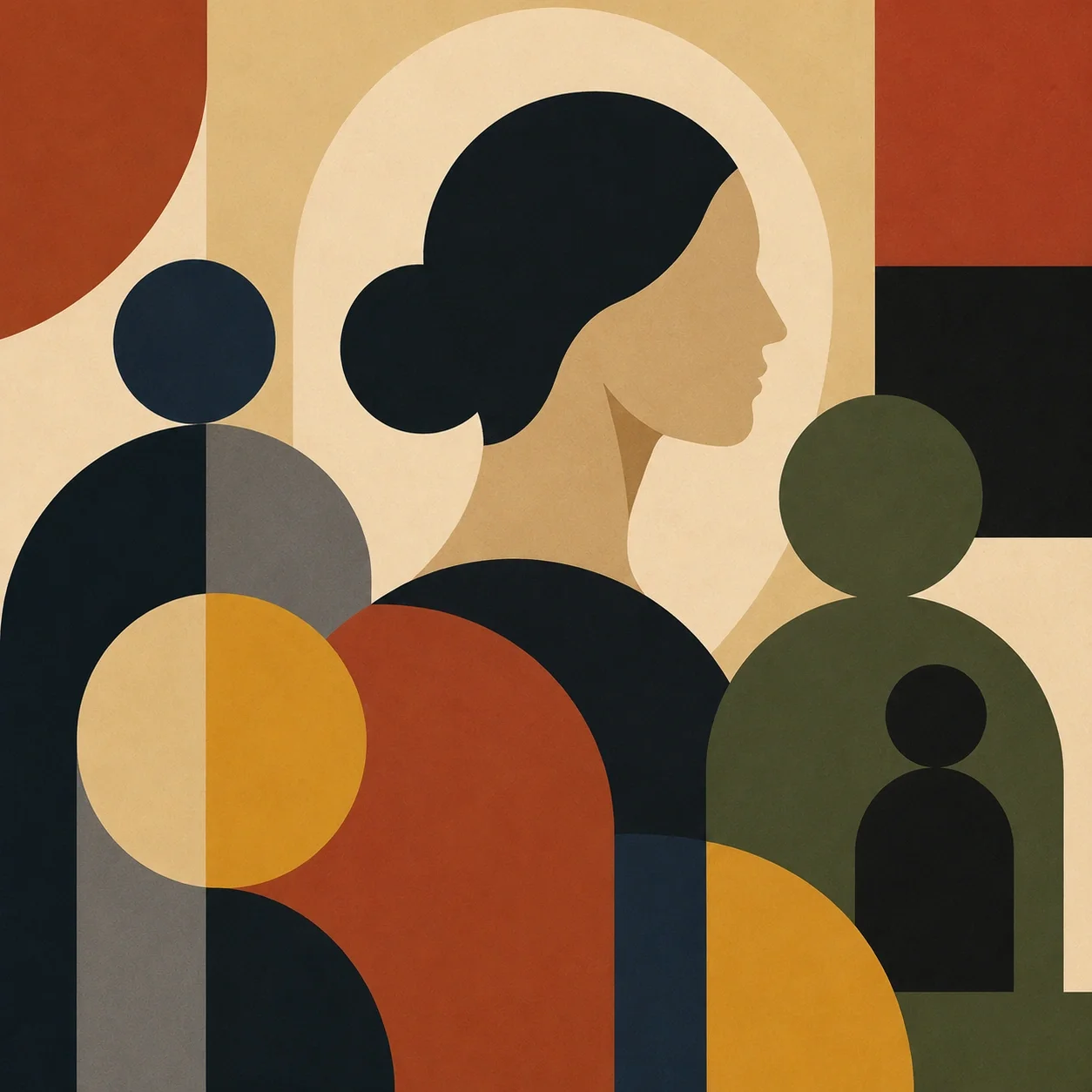 Bauhaus-style abstract image of layered human forms and geometric shapes, suggesting inherited roles, identity, and reflection.