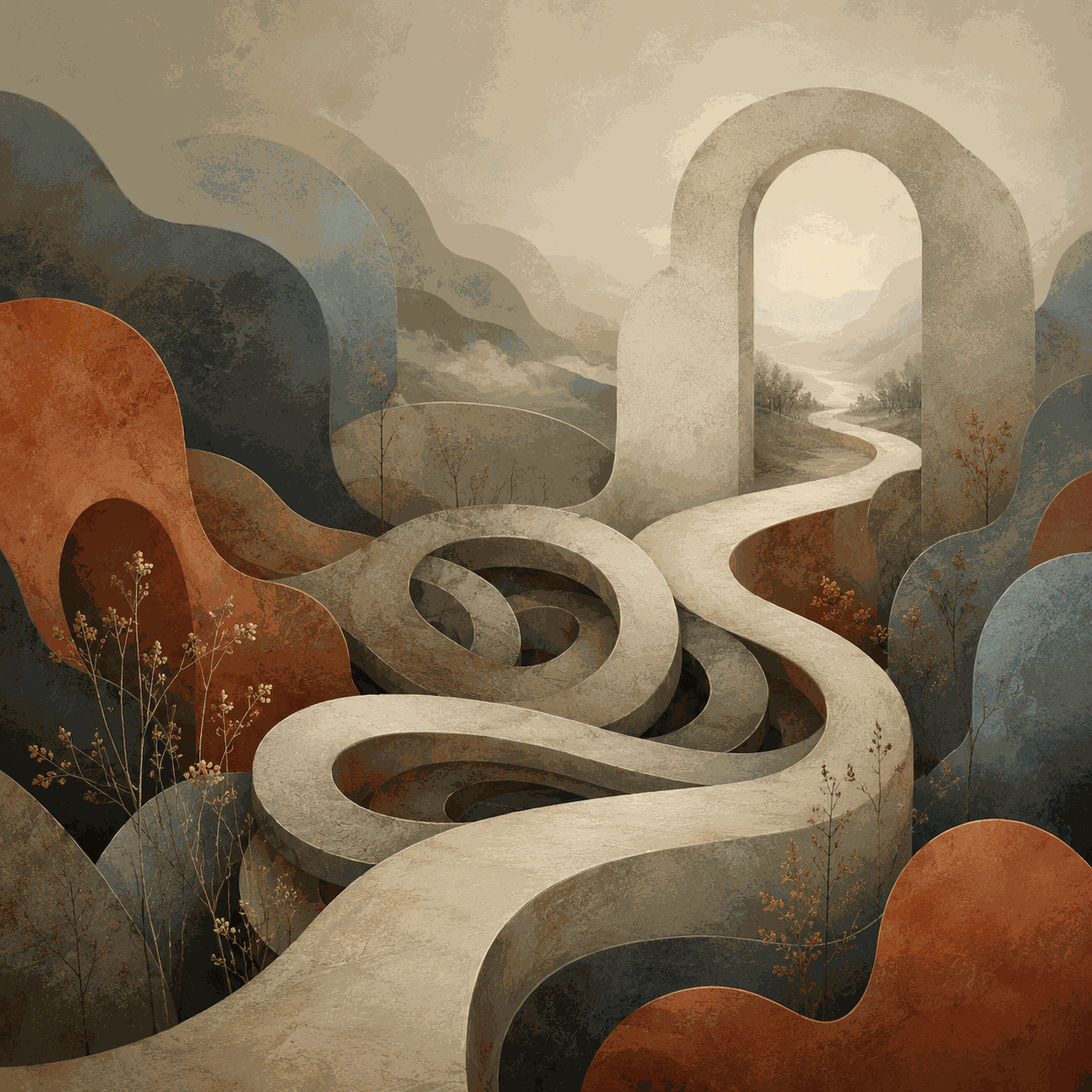 A surreal landscape with looping pathways circling in place before opening toward a distant archway and horizon, symbolizing avoidance, stuckness, and the possibility of moving forward.