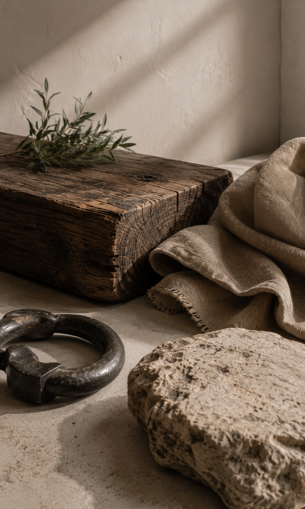 Aged hardwood, worn forged metal, folded canvas, textured stone, and sage foliage rest in quiet daylight, their weathered surfaces carrying histories of pressure, responsibility, and continuity.