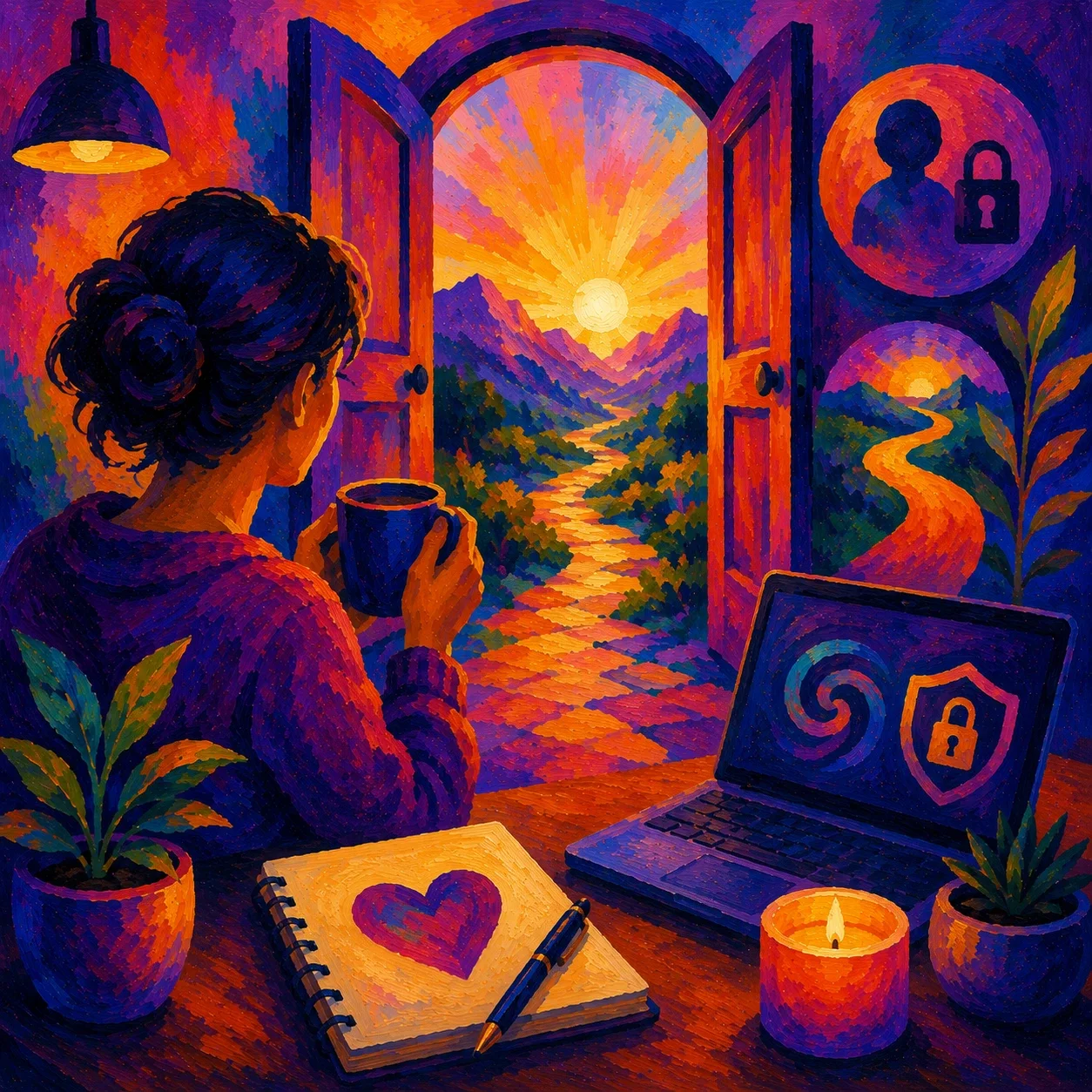 Fauvist-style painting of a person seated at a private workspace, looking through open doors toward a glowing mountain landscape, with symbolic imagery representing confidentiality, safety, and hopeful forward movement.