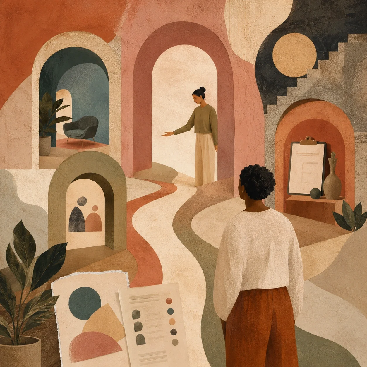 Postmodern therapy-inspired scene with branching pathways, warm arches, and a guide offering direction with an inquisitive mood.