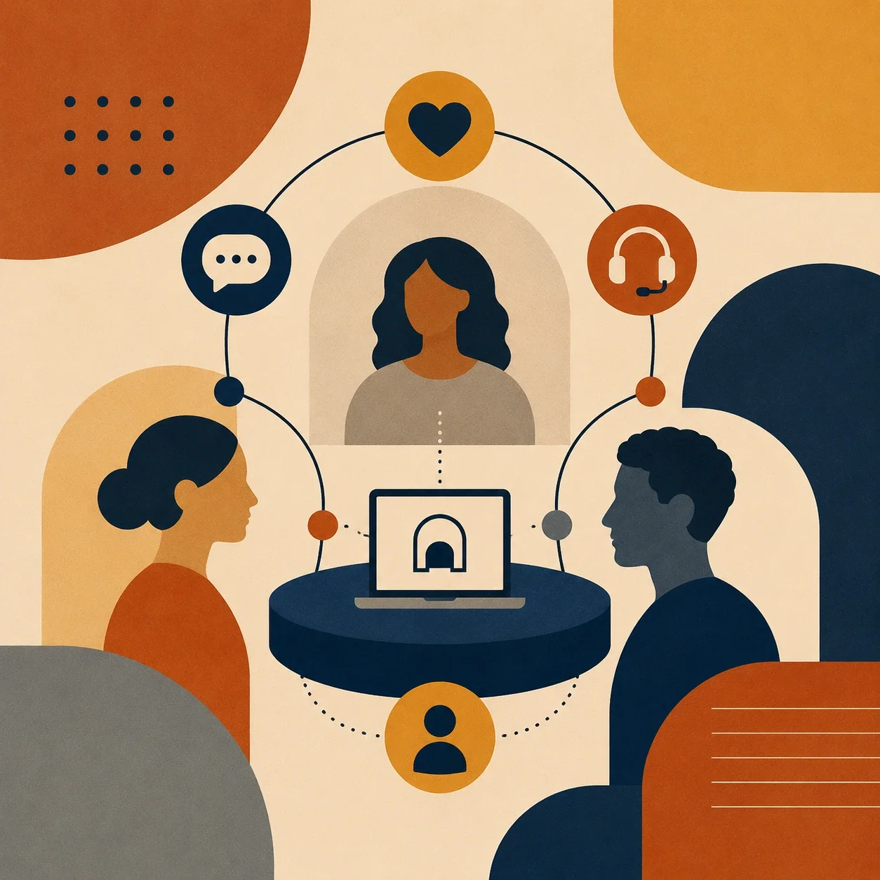 Conceptual square illustration of people connected through scheduling, paperwork, and a central digital platform.