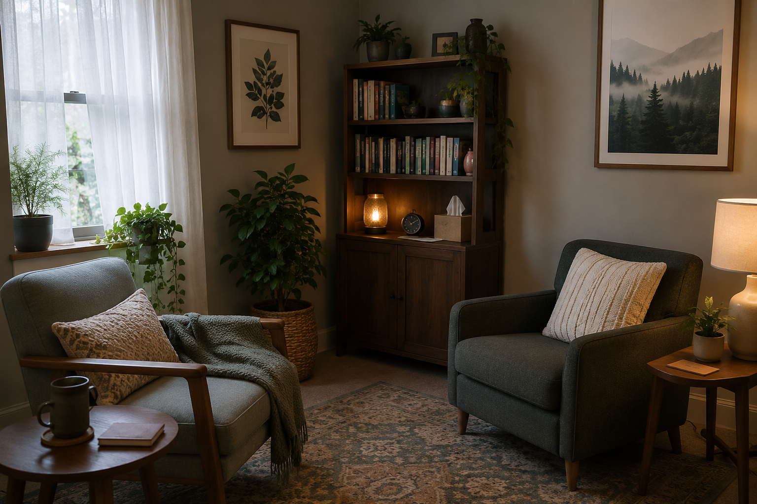 Warm, thoughtfully designed therapy space with two comfortable chairs, soft natural light, plants, books, and calming décor. The peaceful room conveys safety, comfort, reflection, and meaningful conversation.