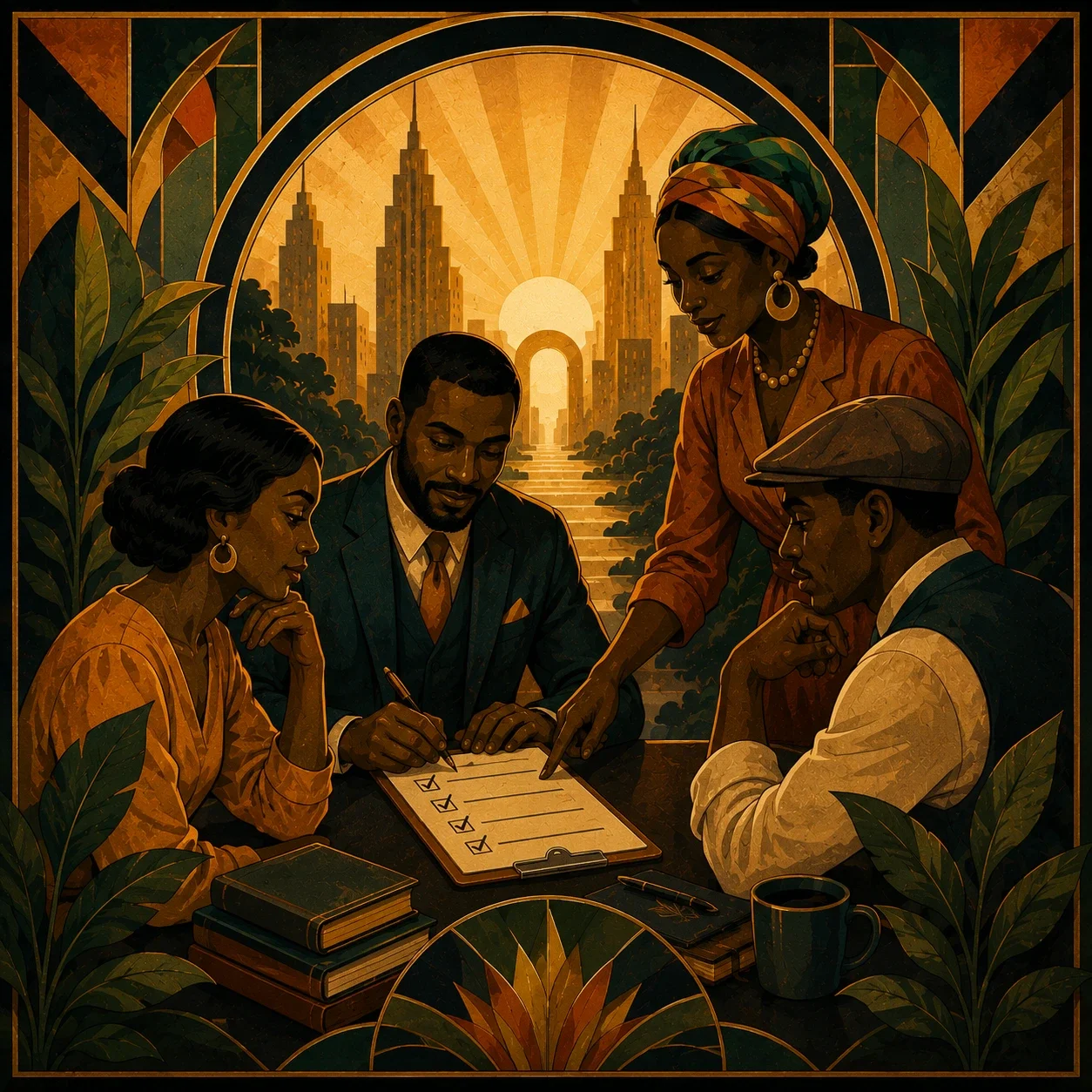 Harlem Renaissance-inspired illustration of four adults gathered around a table reviewing a checklist together, with a glowing archway and city skyline in the background, symbolizing collaboration and moving forward.