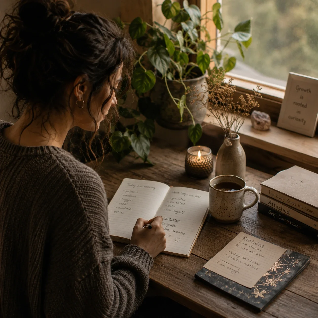 Person journaling at a warm wooden desk surrounded by plants, books, and soft window light.