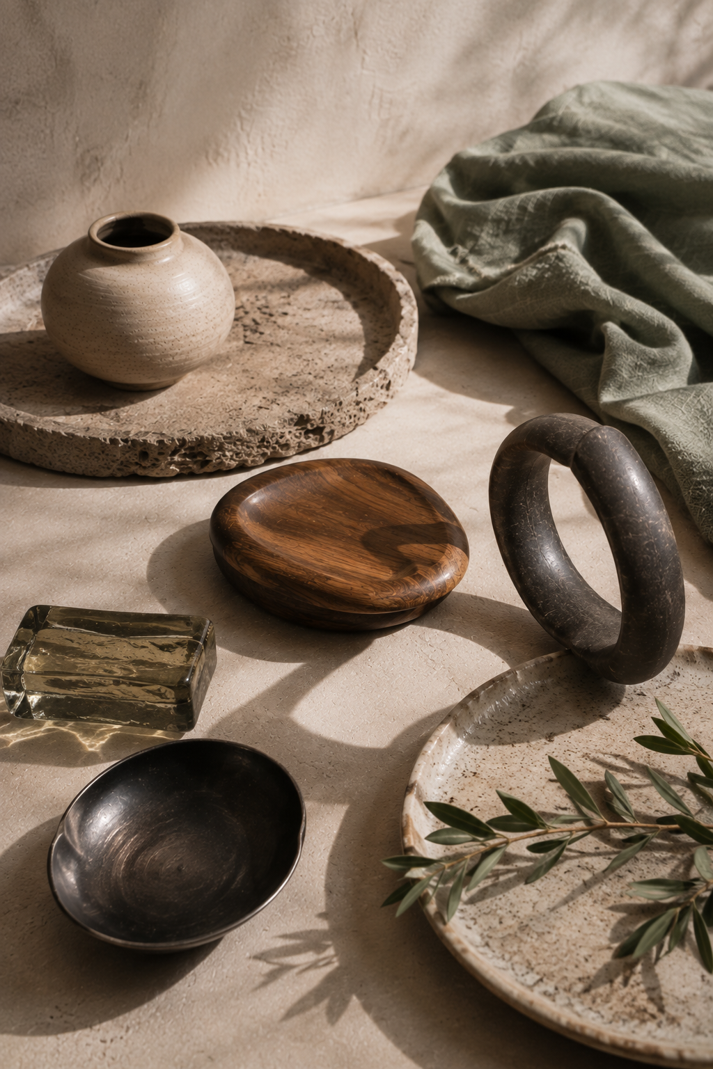Ceramic, stone, wood, dark metal, sage textile, and translucent glass overlap and remain distinct in warm daylight, suggesting autonomy, trust, privacy, connection, and individual identity.