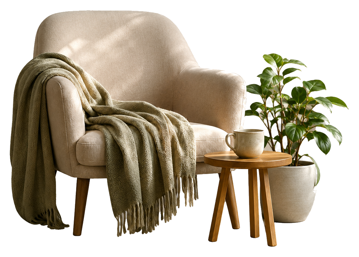 Hyperrealistic depression therapy icon of a soft chair with a blanket, plant, and warm mug, suggesting compassion, rest, and gentle support.