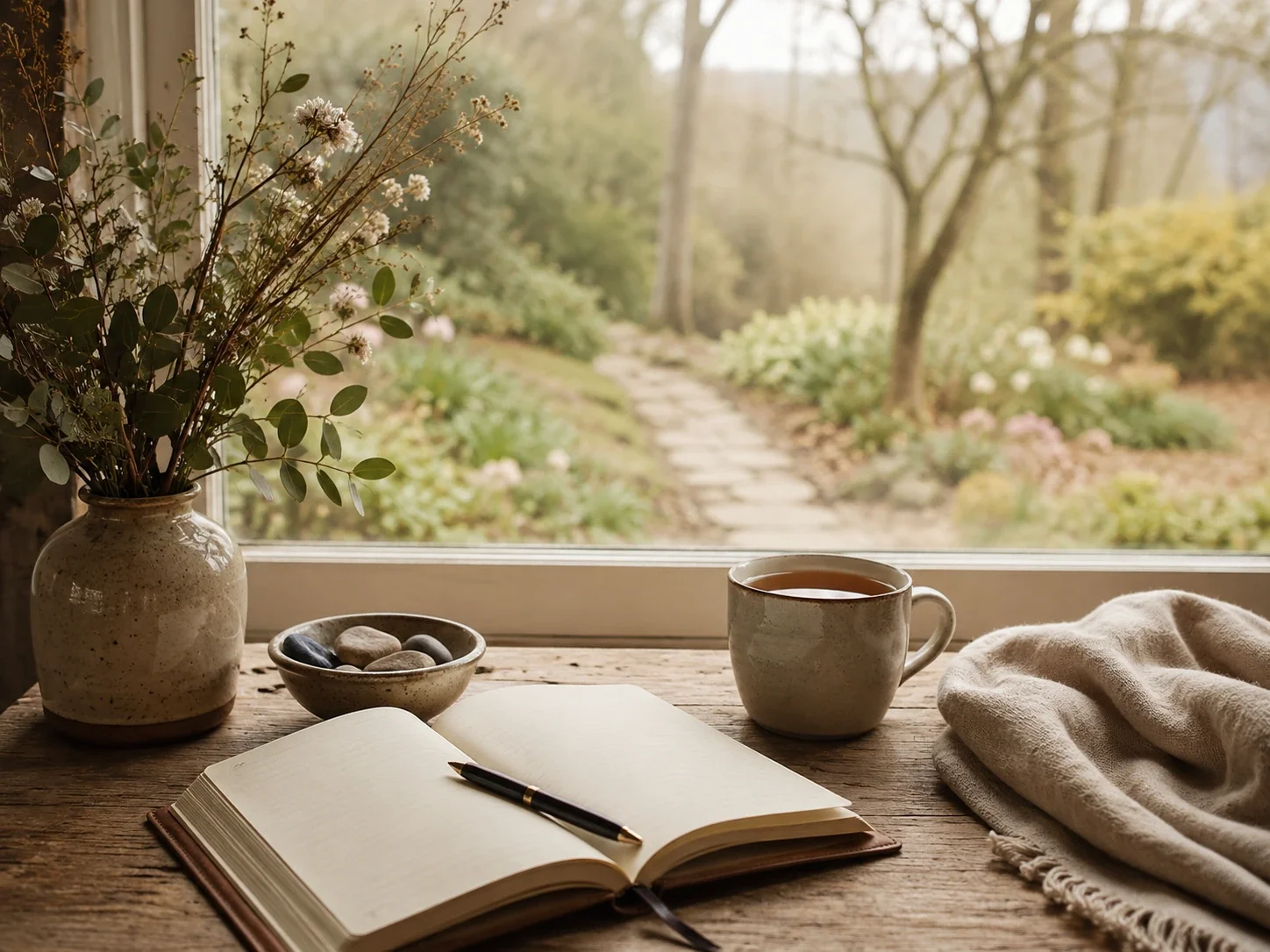 Gentle depression specialty page image with an open journal, pen, tea mug, grounding stones, soft blanket, dried flowers, and a quiet garden path beyond the window.