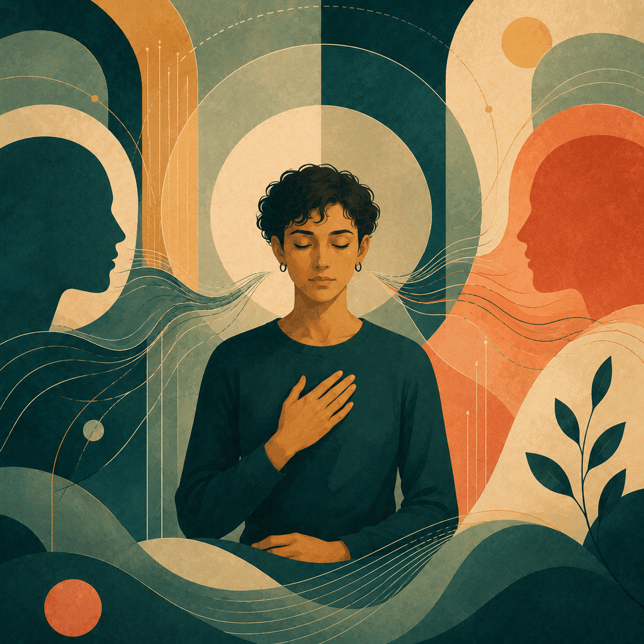 Avant-garde square illustration of a calm nonbinary person centered between two abstract profile shapes, with flowing lines and balanced geometric forms symbolizing relationship stress, communication, and emotional steadiness.