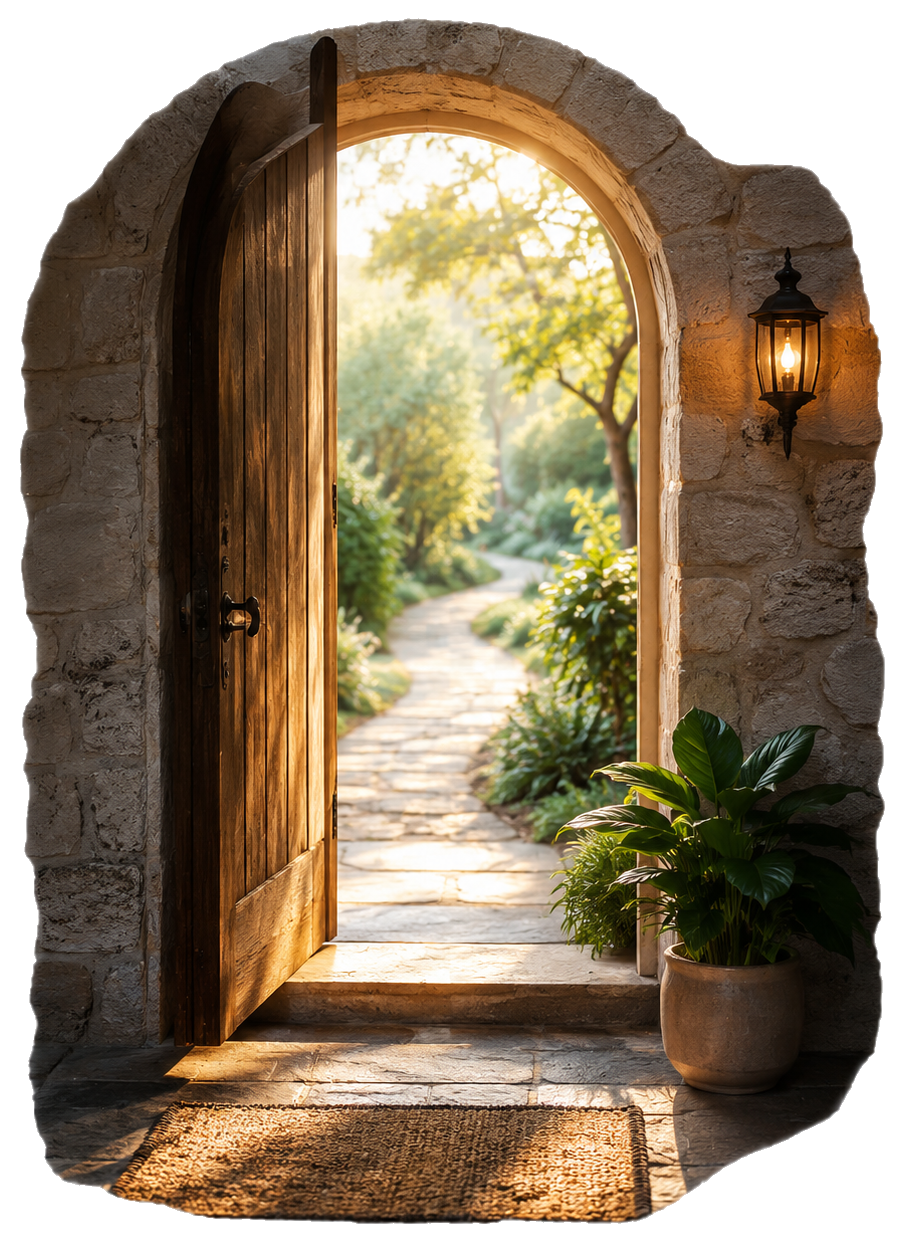 Hyperrealistic icon of an open stone doorway with warm light and a garden path, suggesting welcome, access options, and reaching out when ready.