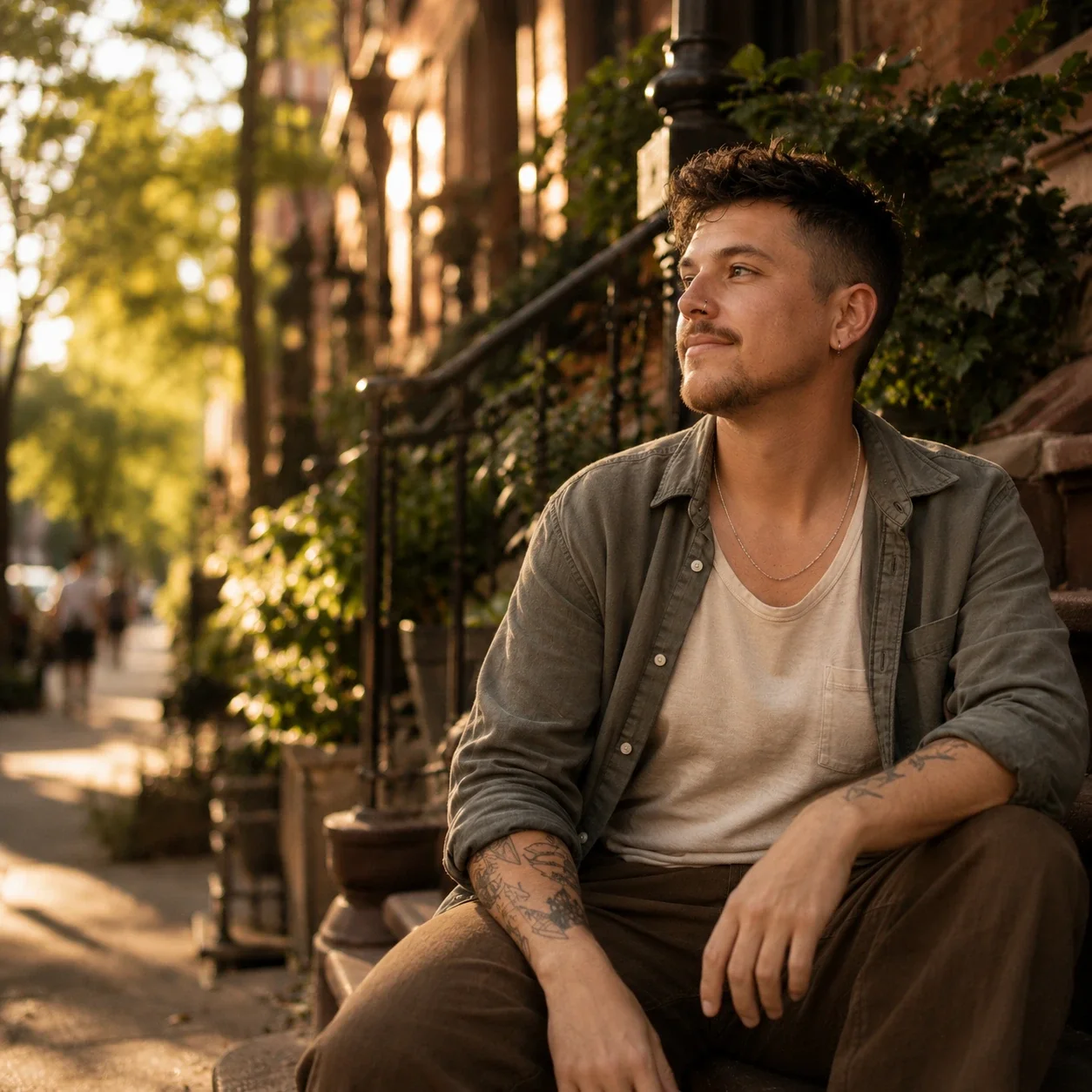 A trans man sits on a city stoop in warm golden light, looking peaceful and self-assured.