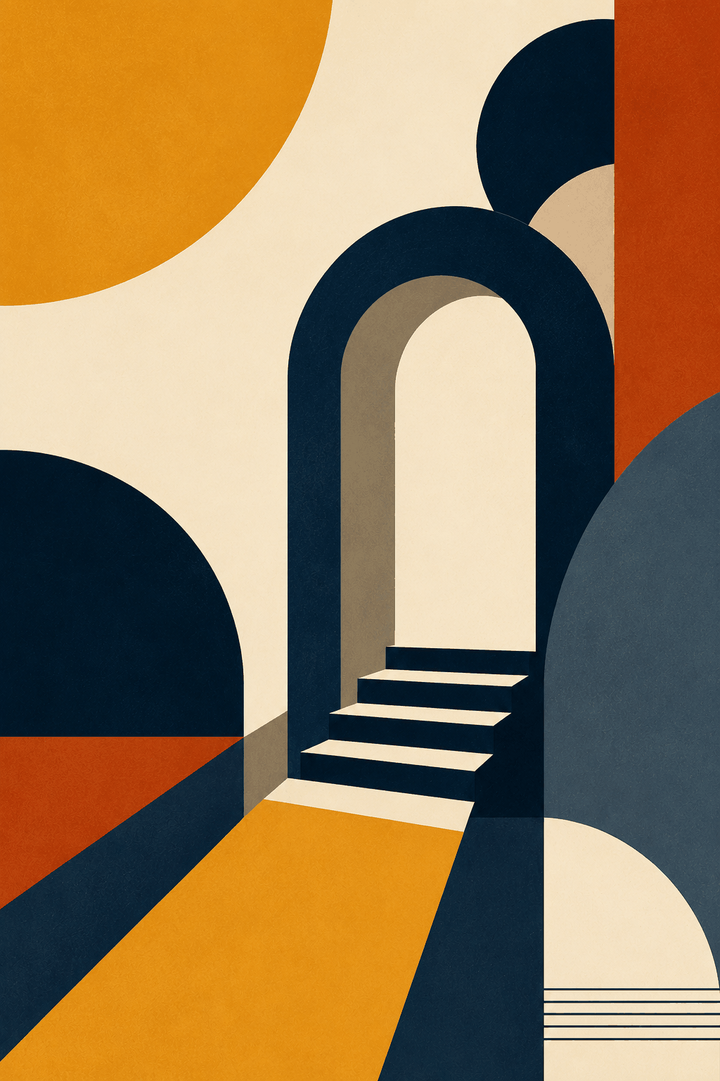 Bauhaus-style vertical image with bold geometric shapes, an arched doorway, and steps leading inward.