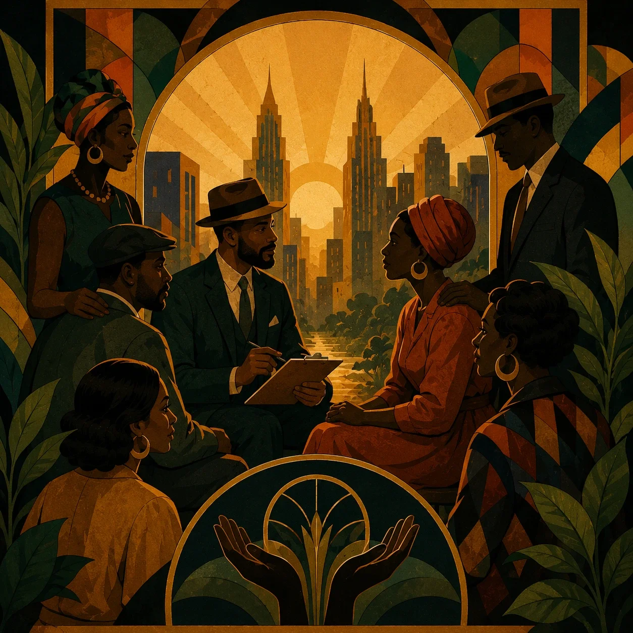 Harlem Renaissance-inspired image of adults gathered in a supportive consultation, framed by plants and a golden cityscape.