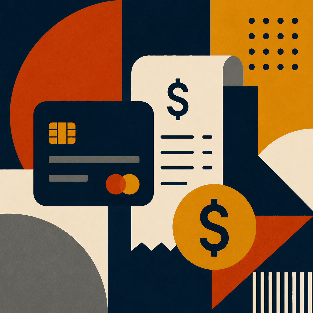 Bauhaus-style square image with a payment card, receipt, and coin