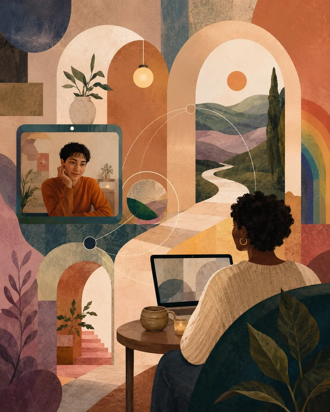 Postmodern therapy-inspired telehealth scene with connected screens, warm interiors, layered landscapes, and an inquisitive mood.