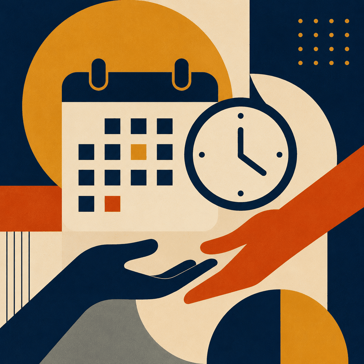 Bauhaus-style square image with hands supporting a calendar and clock.