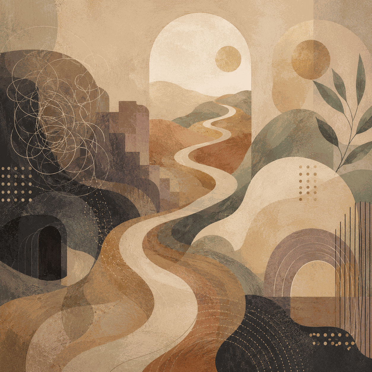 An abstract landscape with a winding path moving from darker, tangled shapes toward a lighter open horizon, symbolizing Cognitive Behavioral Therapy and the process of recognizing and reshaping thought patterns.