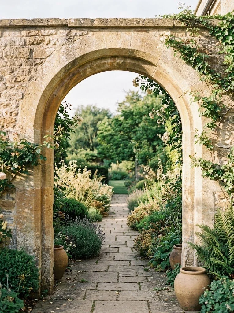 A weathered stone archway frames a sunlit view into a lush garden with a paved stone path. Climbing vines with small white flowers cling to the arch, and terracotta pots border the path.